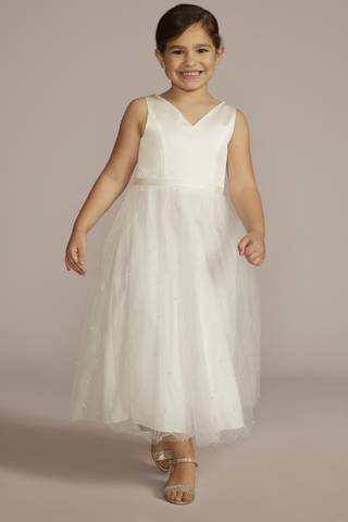 View DB Studio V-Back Tulle Flower Girl Dress with Pearls and Bow in all available color and sizes Picture of V-Back Tulle Flower Girl Dress with Pearls and Bow